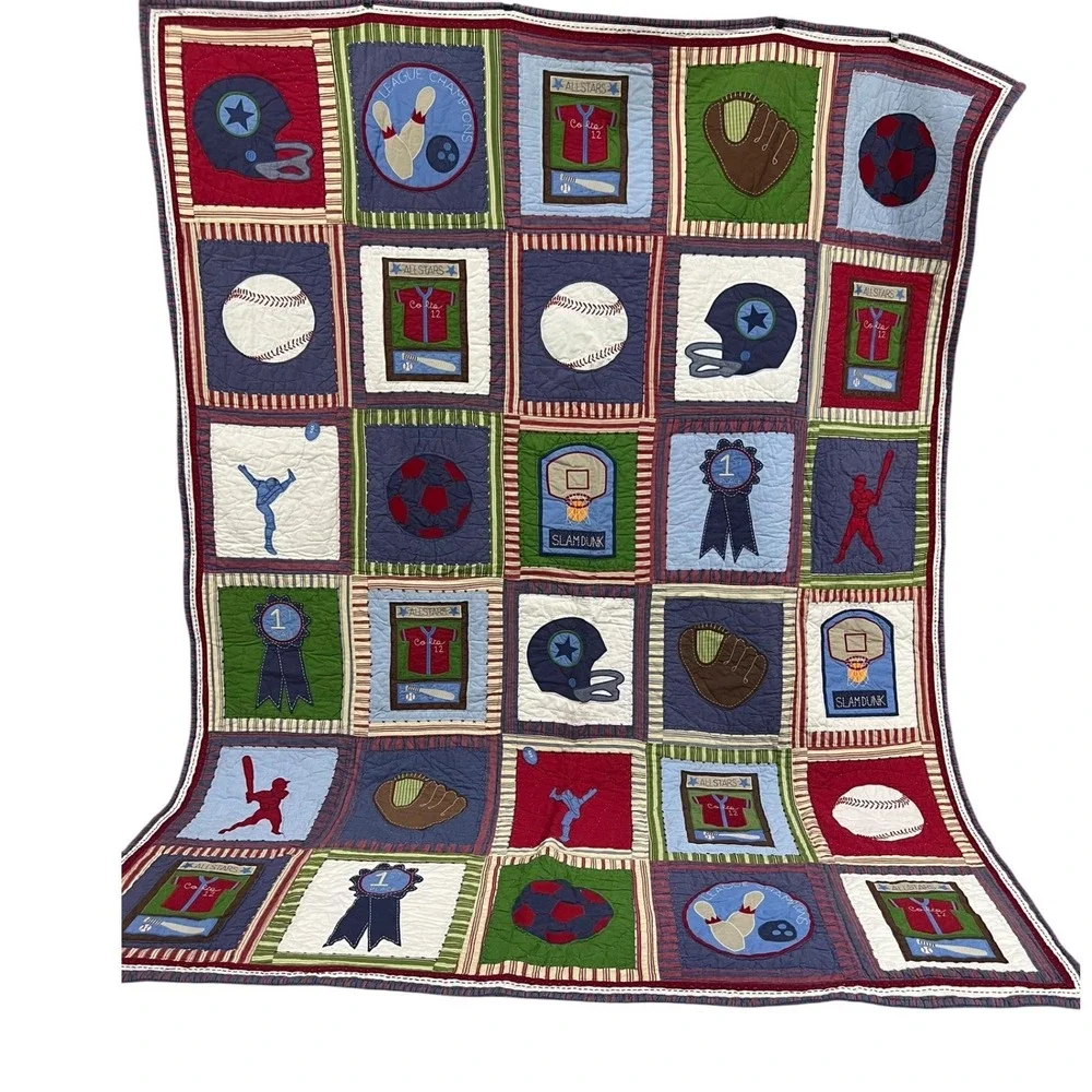 Pottery Barn Kids Sports Quilt Full Vintage Americana Patchwork 92x68